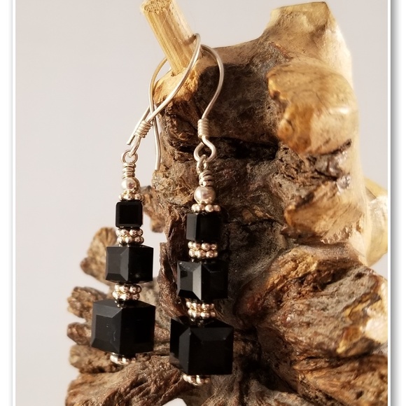 Black Square Swarovski & Sterling Silver Earrings - Picture 6 of 9
